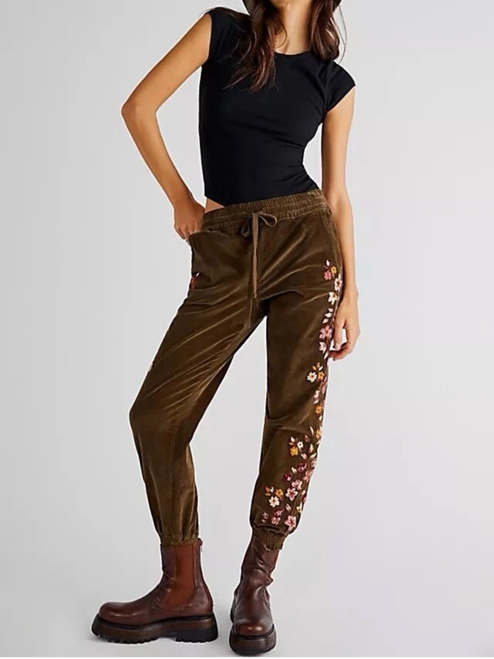 DRIFTWOOD Brown Velvet Embroidered Jogger Pants Corduroy Women Size M